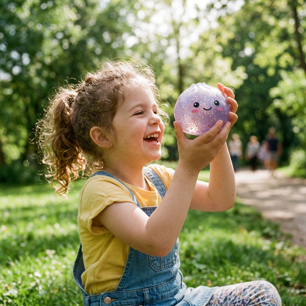 Happy child playing with translucent glittery dumpling squishy toy at sunny park