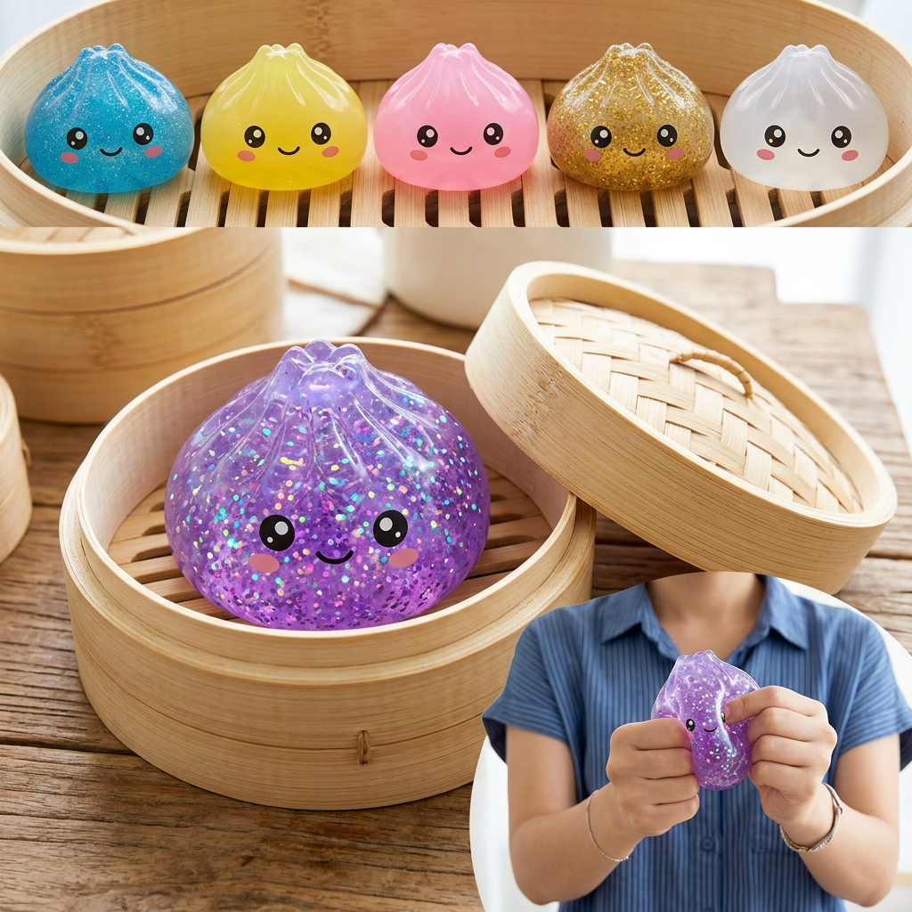 Kawaii translucent glittery dumpling squishy toy collection