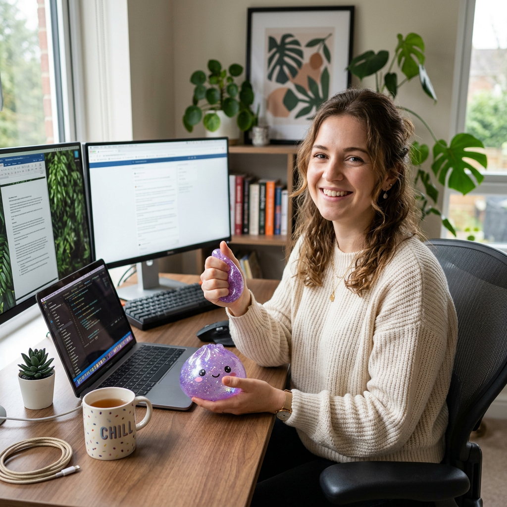 Young woman playing with translucent glittery dumpling squishy toy while working at computer